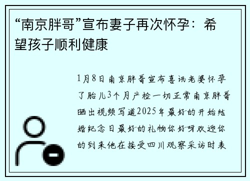 “南京胖哥”宣布妻子再次怀孕：希望孩子顺利健康