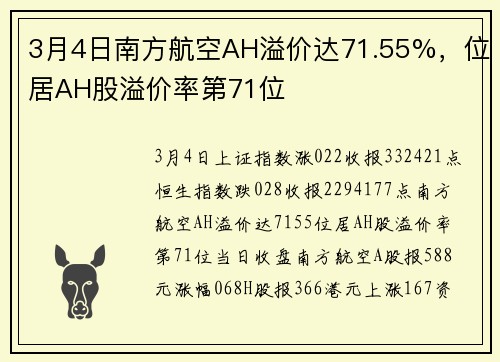 3月4日南方航空AH溢价达71.55%，位居AH股溢价率第71位