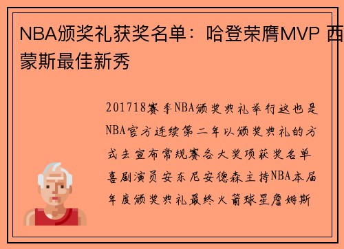 NBA颁奖礼获奖名单：哈登荣膺MVP 西蒙斯最佳新秀