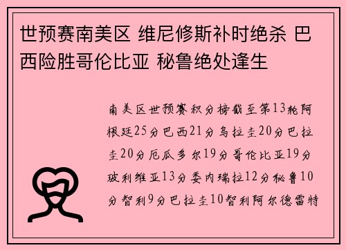 世预赛南美区 维尼修斯补时绝杀 巴西险胜哥伦比亚 秘鲁绝处逢生