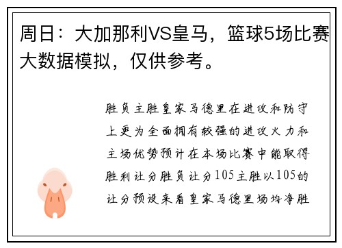 周日：大加那利VS皇马，篮球5场比赛大数据模拟，仅供参考。