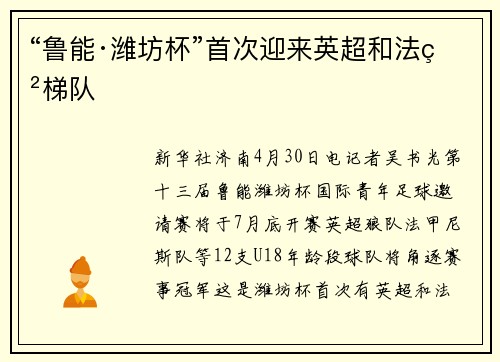 “鲁能·潍坊杯”首次迎来英超和法甲梯队