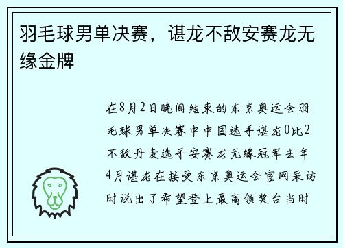 羽毛球男单决赛，谌龙不敌安赛龙无缘金牌